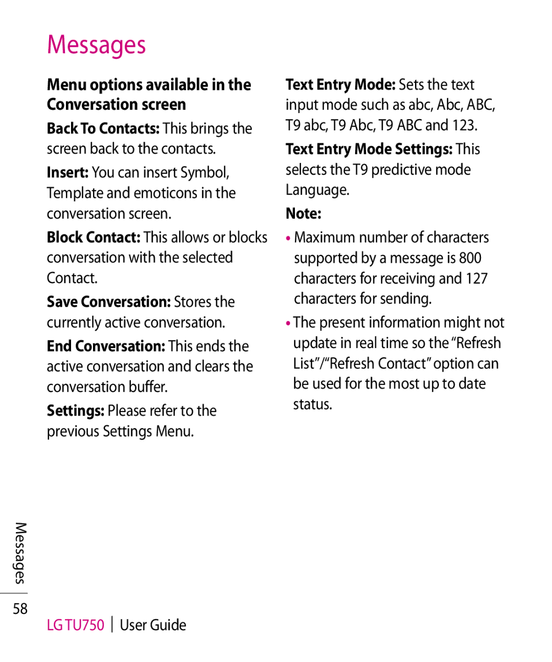 LG Electronics TU750 manual Menu options available in the Conversation screen, Text Entry Mode Sets the text 