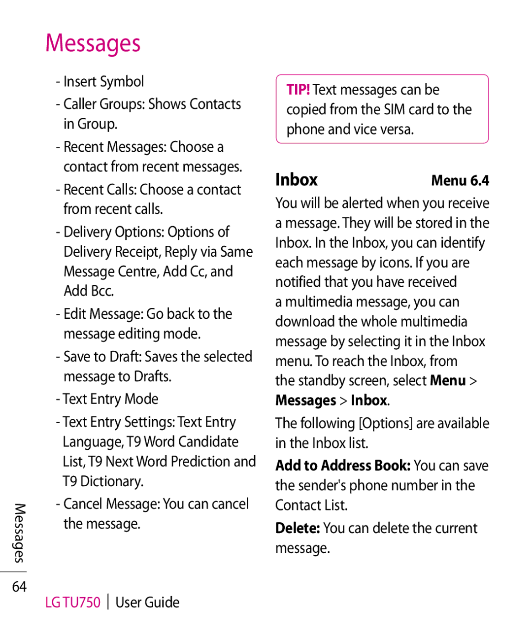 LG Electronics TU750 manual Inbox, Insert Symbol Caller Groups Shows Contacts in Group, Text Entry Mode 