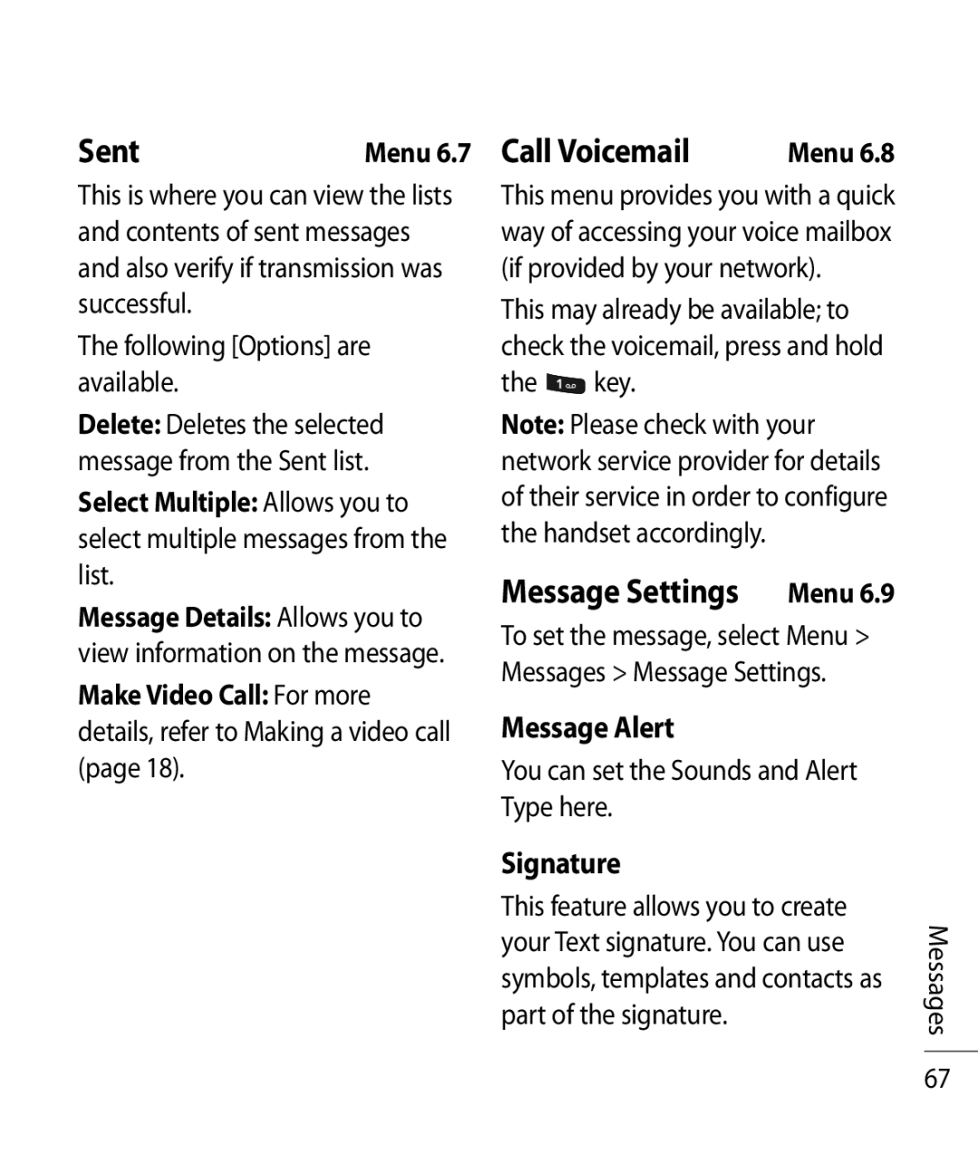 LG Electronics TU750 manual Sent Menu 6.7 Call Voicemail, Message Settings Menu, Message Alert, Signature 