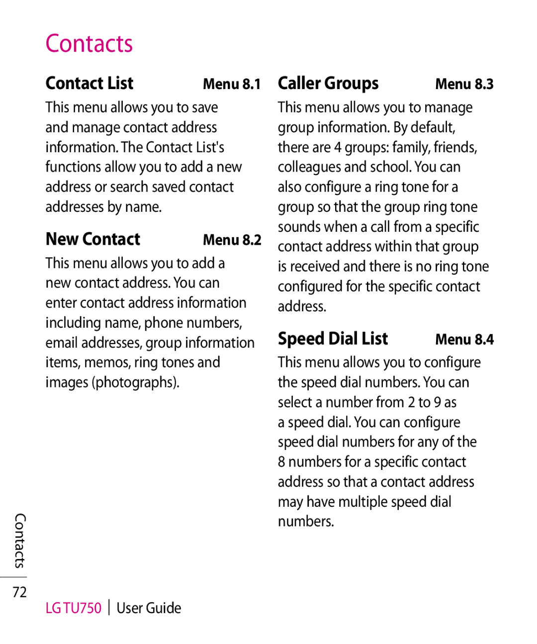 LG Electronics TU750 manual Contacts, Contact List, New Contact, Caller Groups, Speed Dial List 