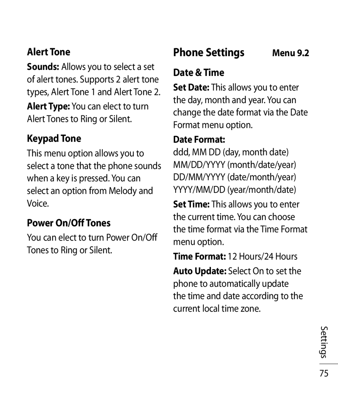 LG Electronics TU750 manual Phone Settings, Alert Tone, Keypad Tone, Power On/Off Tones, Date & Time 