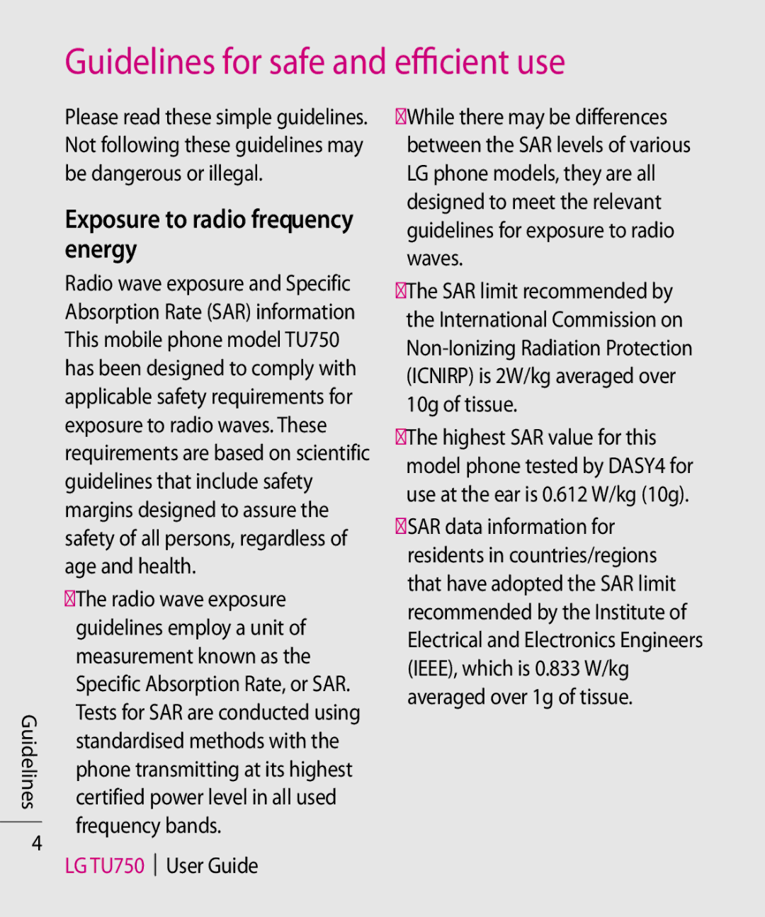 LG Electronics manual Guidelines for safe and efficient use, Exposure to radio frequency energy, LG TU750 User Guide 