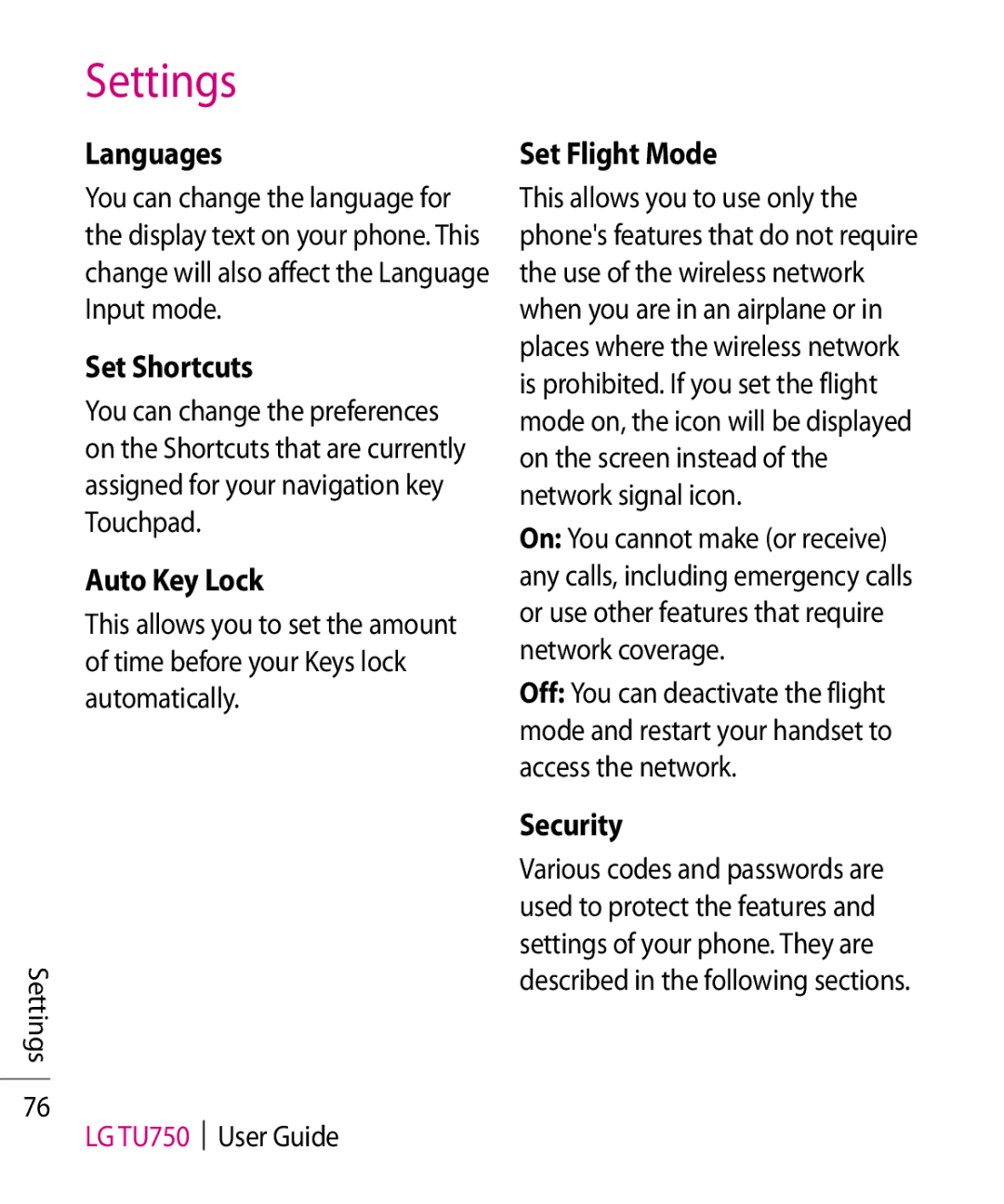 LG Electronics TU750 manual Languages, Set Shortcuts, Auto Key Lock, Set Flight Mode, Security 