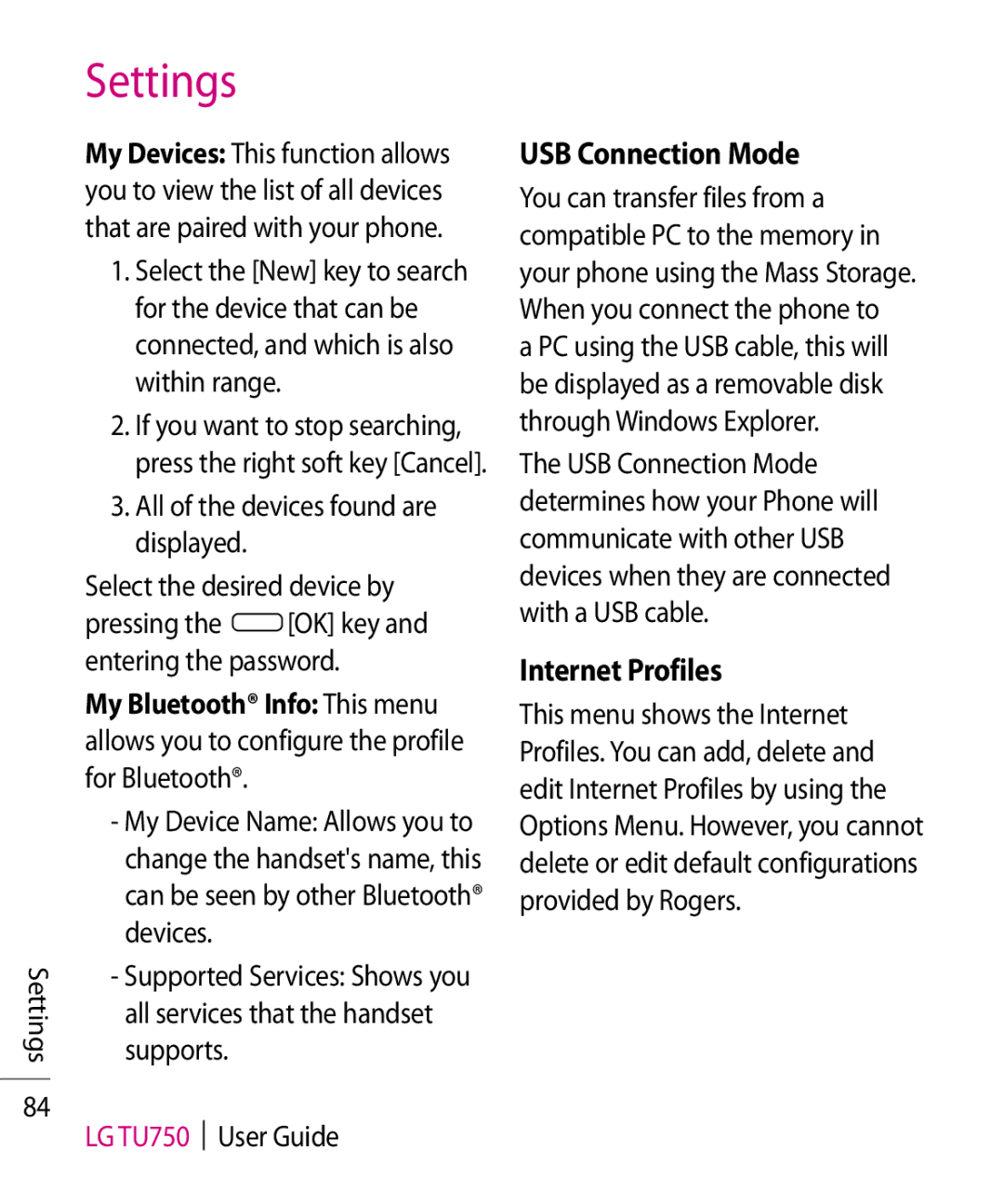 LG Electronics TU750 manual USB Connection Mode, Internet Profiles 