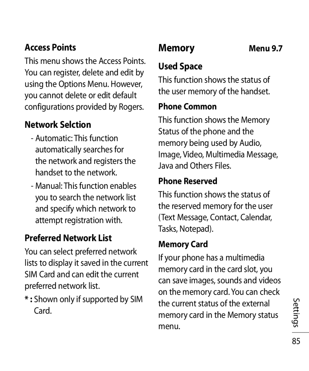 LG Electronics TU750 manual Memory, Access Points, Network Selction, Preferred Network List, Used Space 