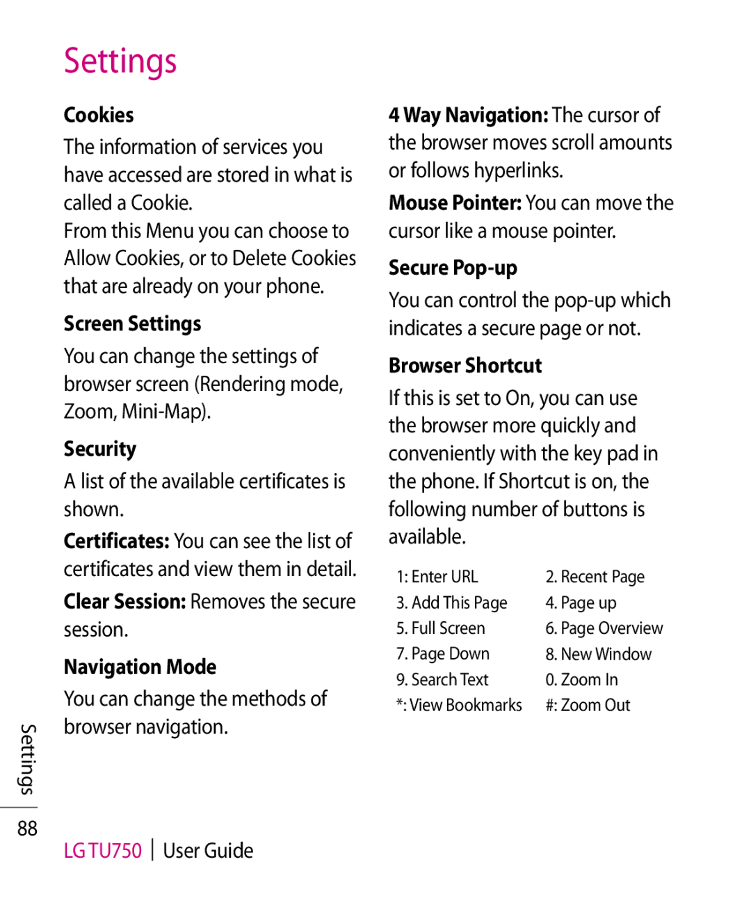 LG Electronics TU750 manual Cookies, Screen Settings, Security, Navigation Mode, Secure Pop-up, Browser Shortcut 