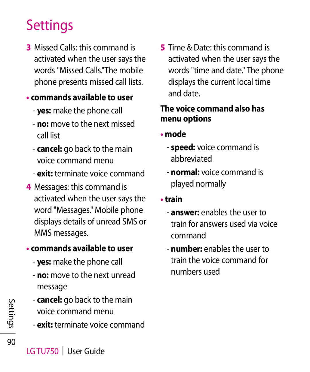 LG Electronics TU750 manual Commands available to user 