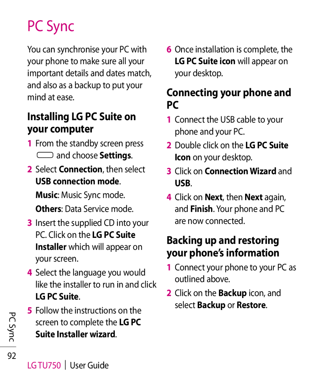 LG Electronics TU750 manual PC Sync, Connecting your phone, Installing LG PC Suite on your computer 