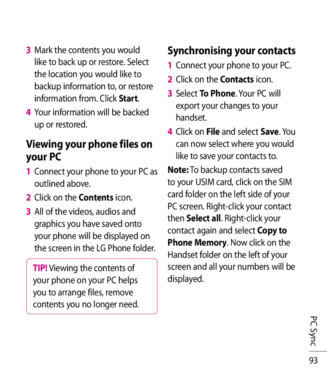 LG Electronics TU750 manual Viewing your phone files on your PC, Synchronising your contacts 