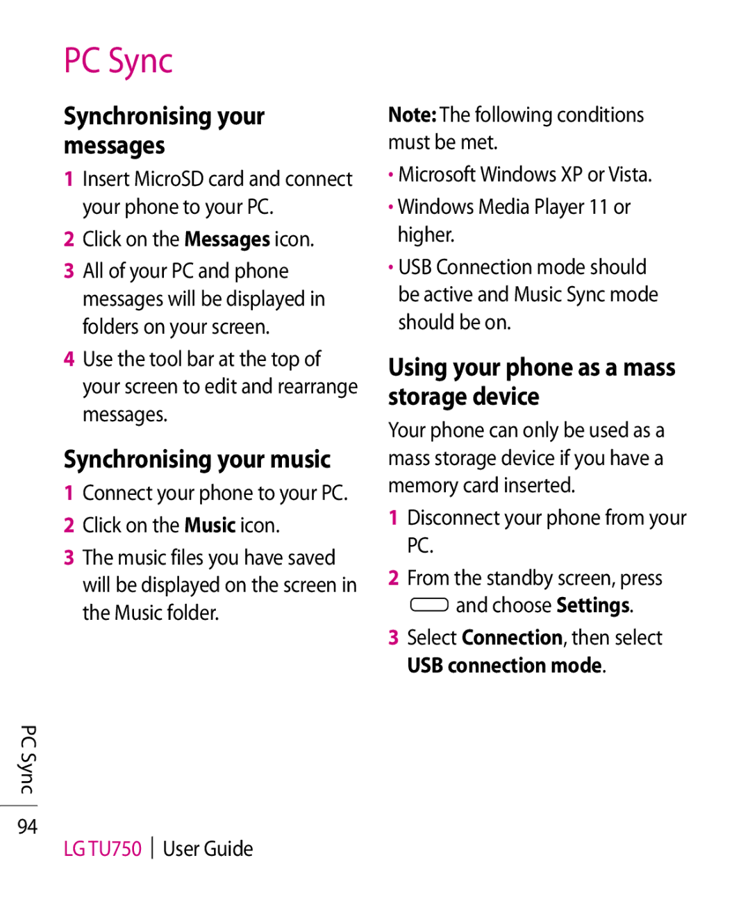 LG Electronics TU750 Synchronising your messages, Synchronising your music, Using your phone as a mass storage device 
