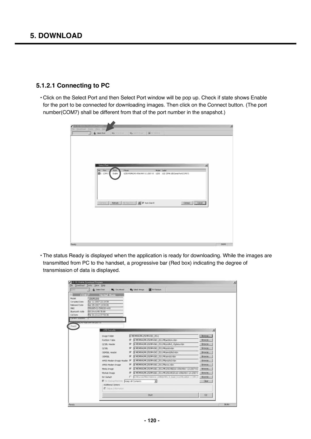 LG Electronics U250 service manual Connecting to PC, 120 