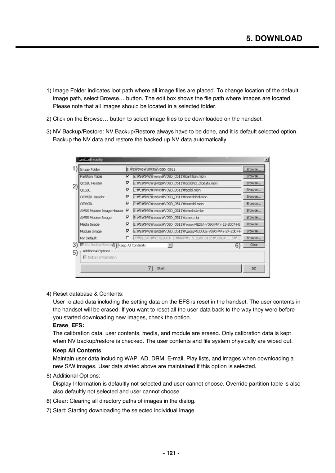 LG Electronics U250 service manual EraseEFS, Keep All Contents, 121 