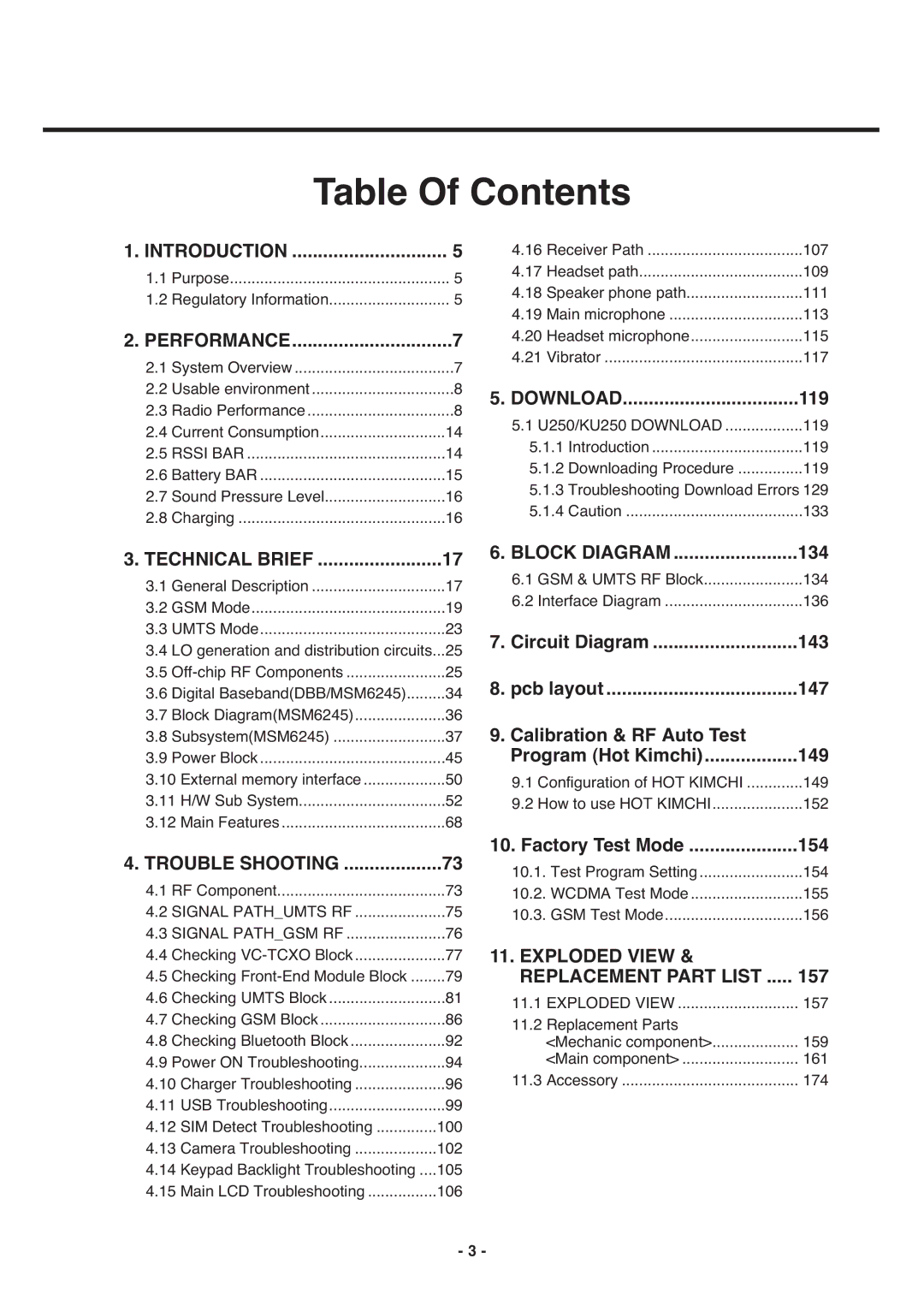 LG Electronics U250 service manual Table Of Contents 