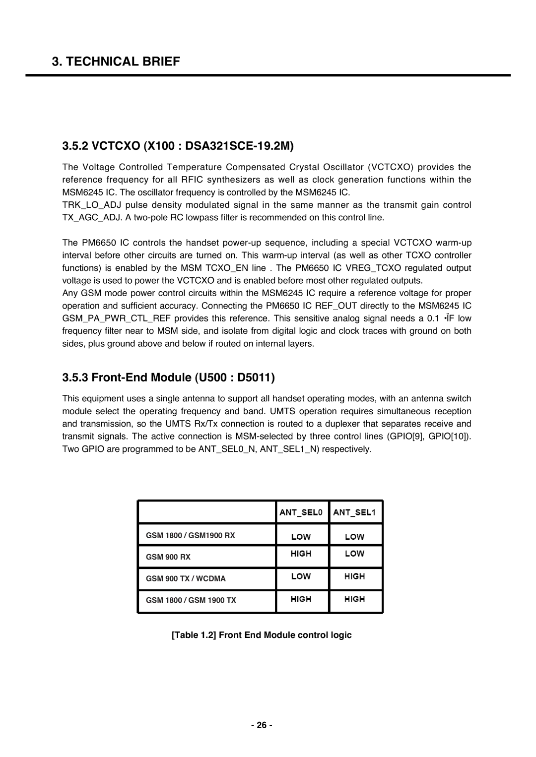 LG Electronics U250 service manual Vctcxo X100 DSA321SCE-19.2M, Front-End Module U500 D5011, Front End Module control logic 