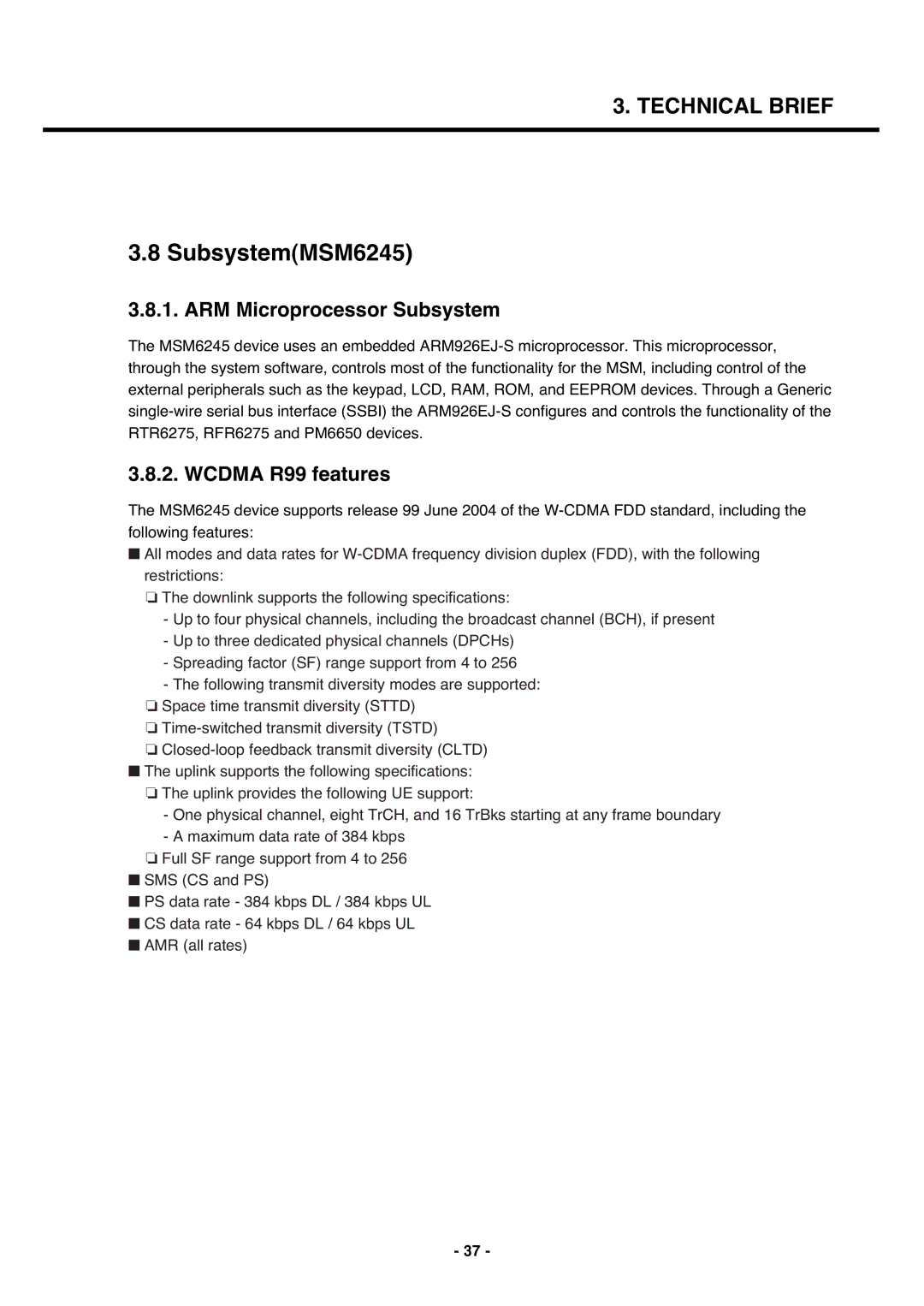 LG Electronics U250 service manual SubsystemMSM6245, ARM Microprocessor Subsystem, Wcdma R99 features 