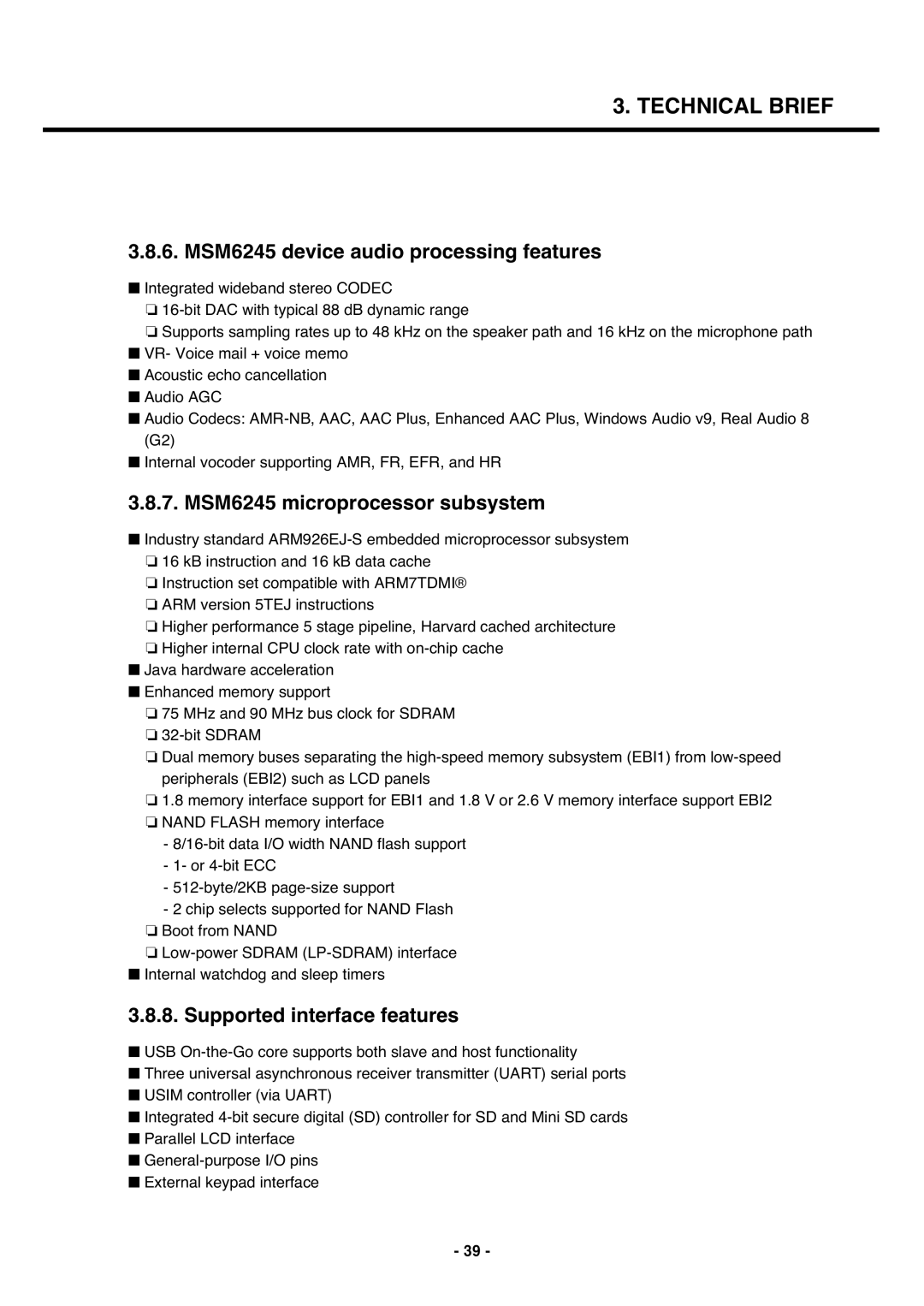 LG Electronics U250 service manual MSM6245 device audio processing features, MSM6245 microprocessor subsystem 