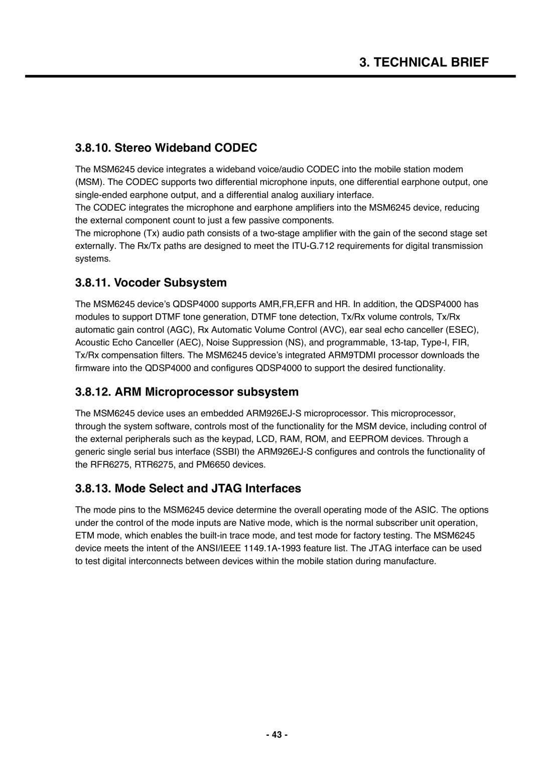 LG Electronics U250 service manual Stereo Wideband Codec, Vocoder Subsystem, Mode Select and Jtag Interfaces 