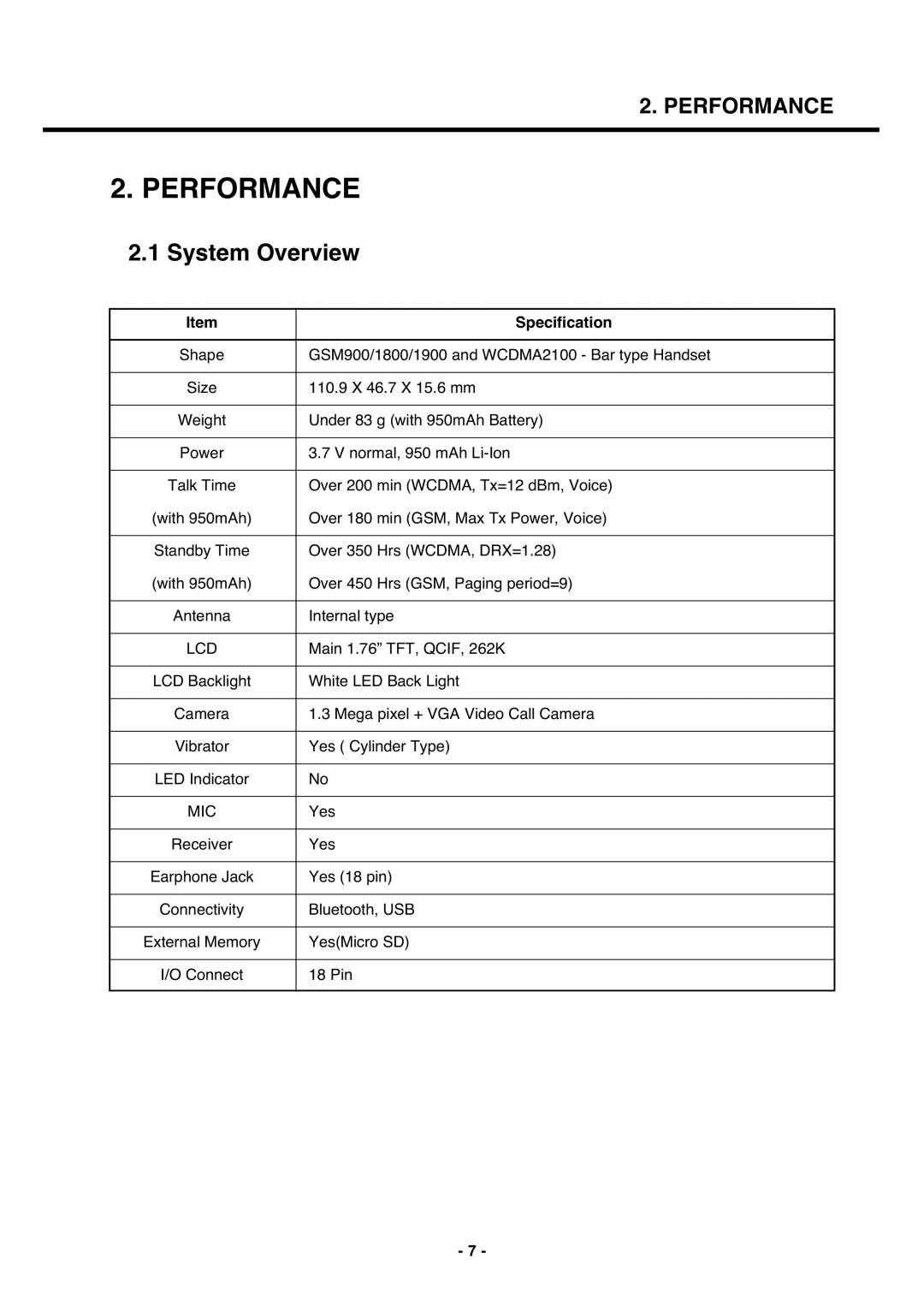 LG Electronics U250 service manual System Overview, Specification 