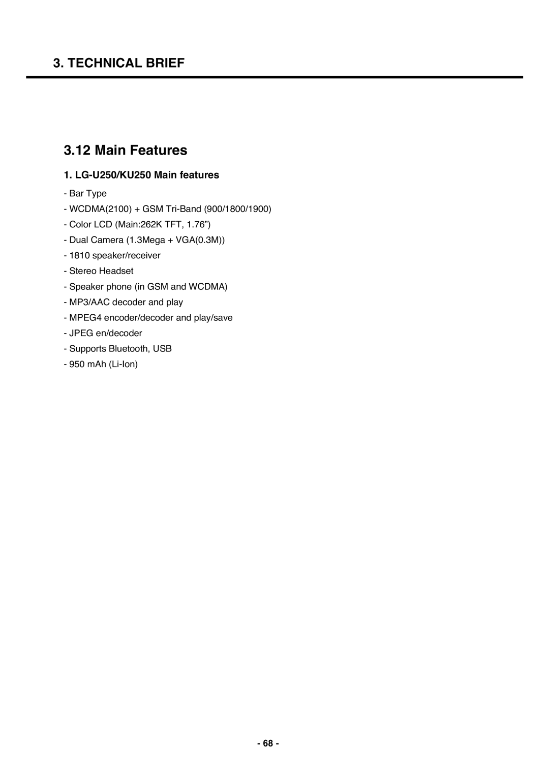 LG Electronics service manual Main Features, LG-U250/KU250 Main features 