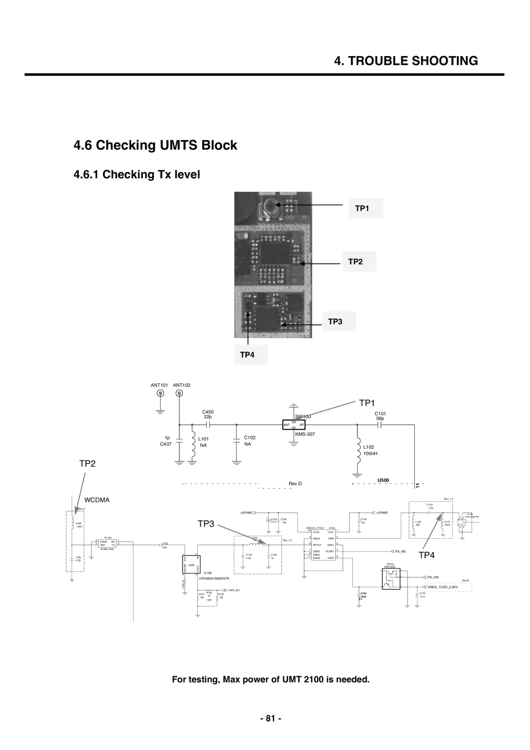 LG Electronics U250 service manual Checking Umts Block, Checking Tx level, For testing, Max power of UMT 2100 is needed 