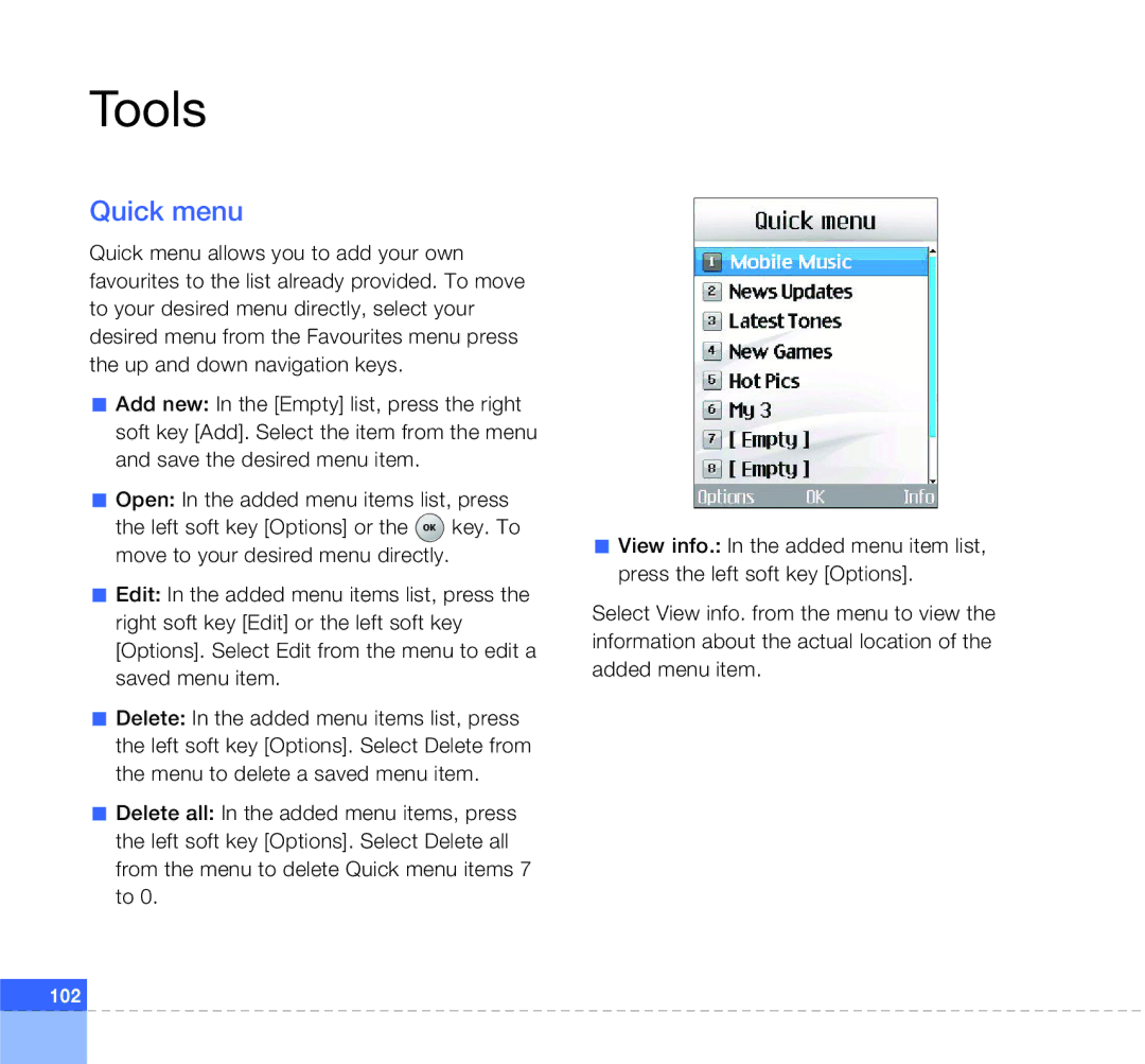 LG Electronics U400 manual Tools, Quick menu 