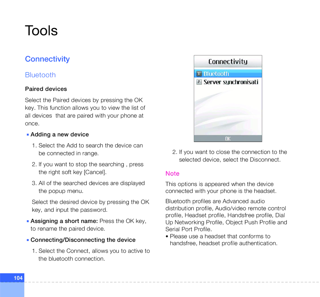 LG Electronics U400 manual Connectivity, Bluetooth 