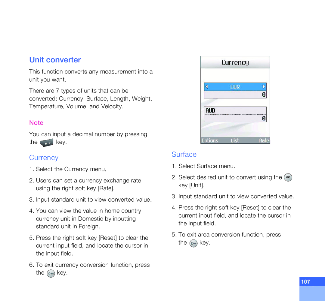 LG Electronics U400 manual Unit converter, Currency 