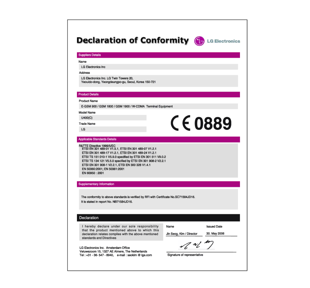 LG Electronics U400 manual 