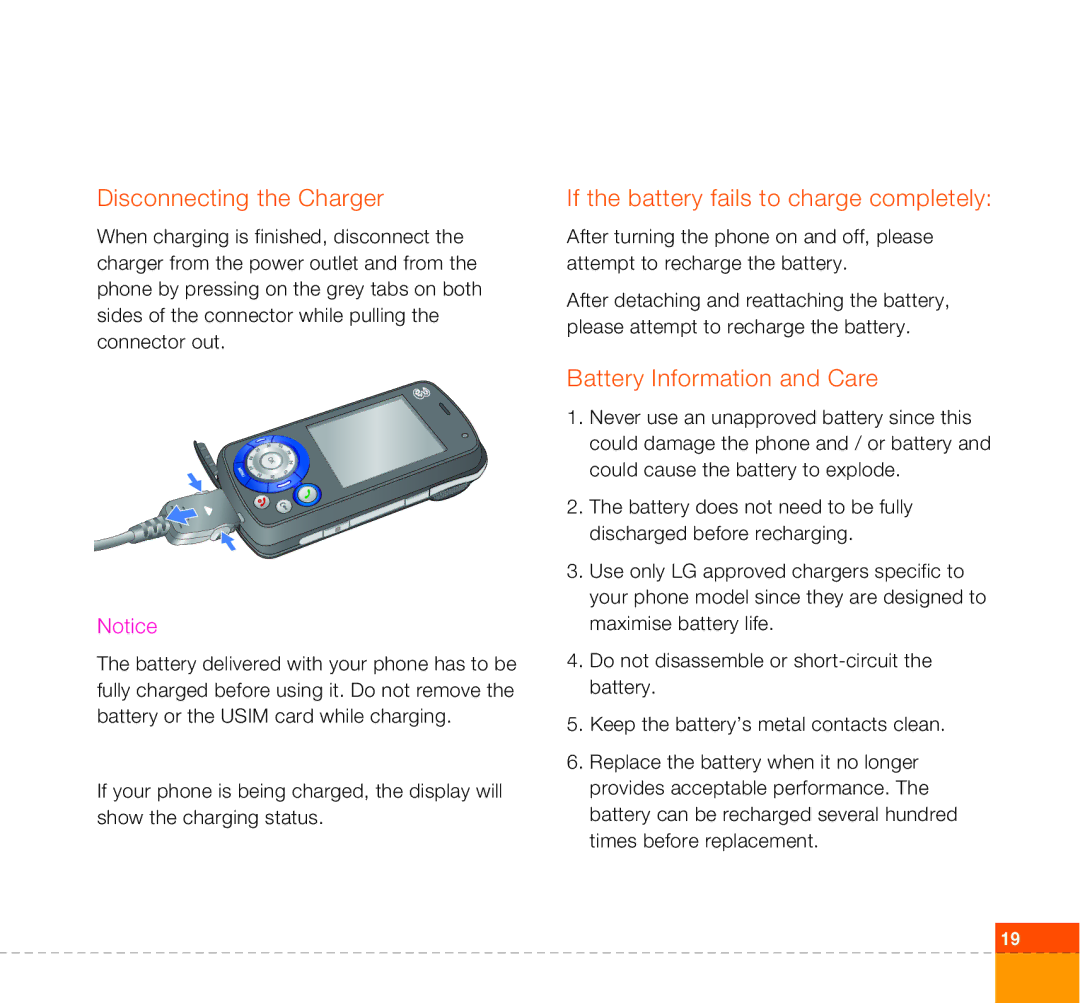 LG Electronics U400 Disconnecting the Charger, If the battery fails to charge completely, Battery Information and Care 