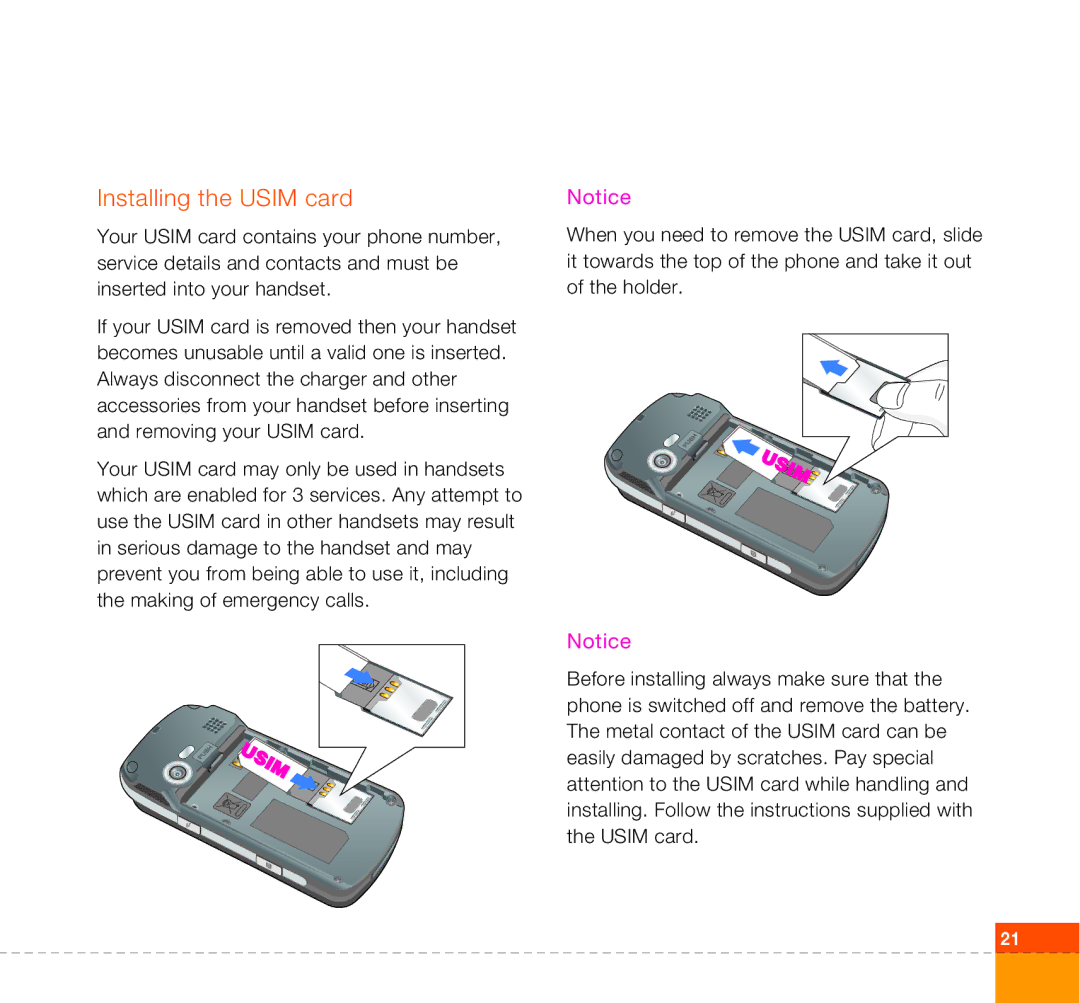 LG Electronics U400 manual Installing the Usim card 