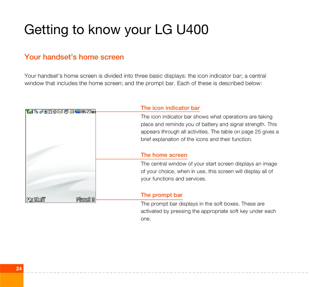 LG Electronics U400 manual Your handset’s home screen, Icon indicator bar 