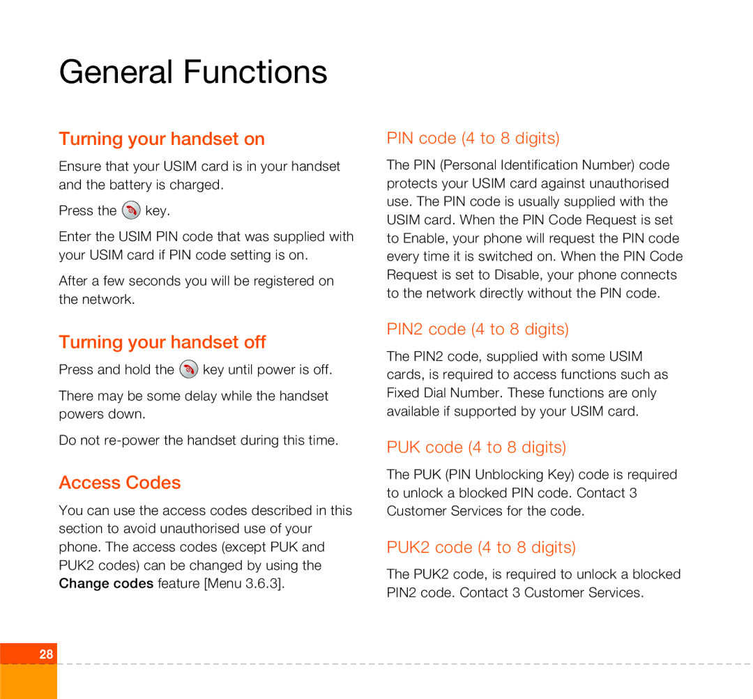 LG Electronics U400 manual General Functions, Turning your handset on, Turning your handset off, Access Codes 