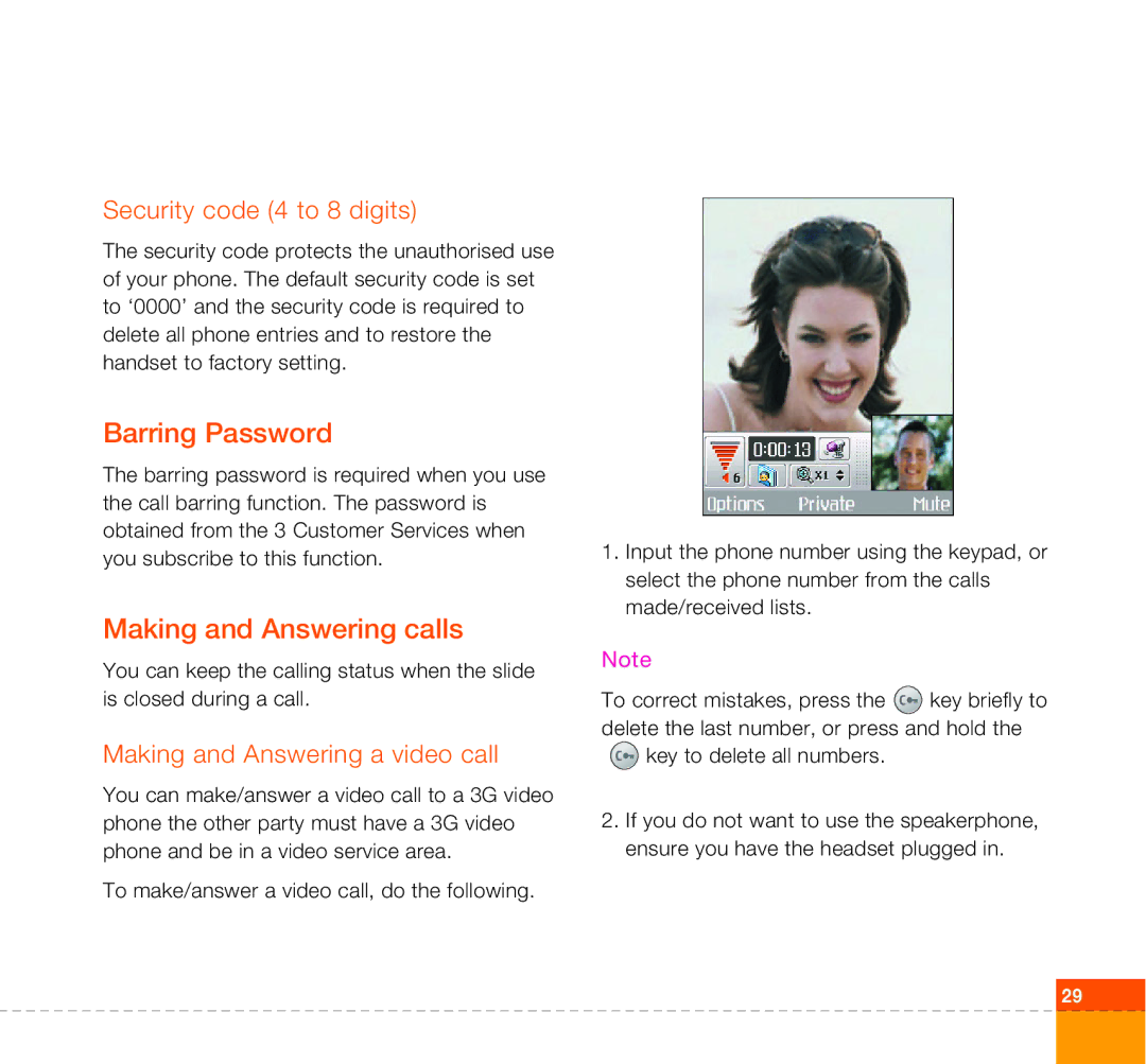 LG Electronics U400 manual Barring Password, Making and Answering calls, Security code 4 to 8 digits 