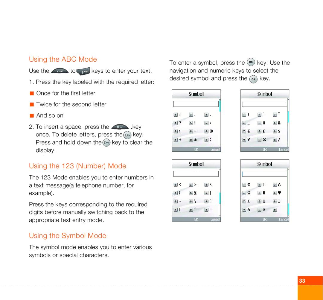 LG Electronics U400 manual Using the ABC Mode, Using the 123 Number Mode, Using the Symbol Mode 