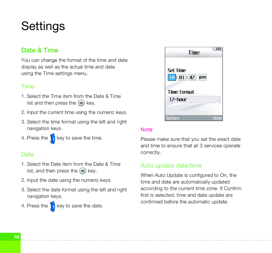 LG Electronics U400 manual Settings, Date & Time, Auto update date/time 