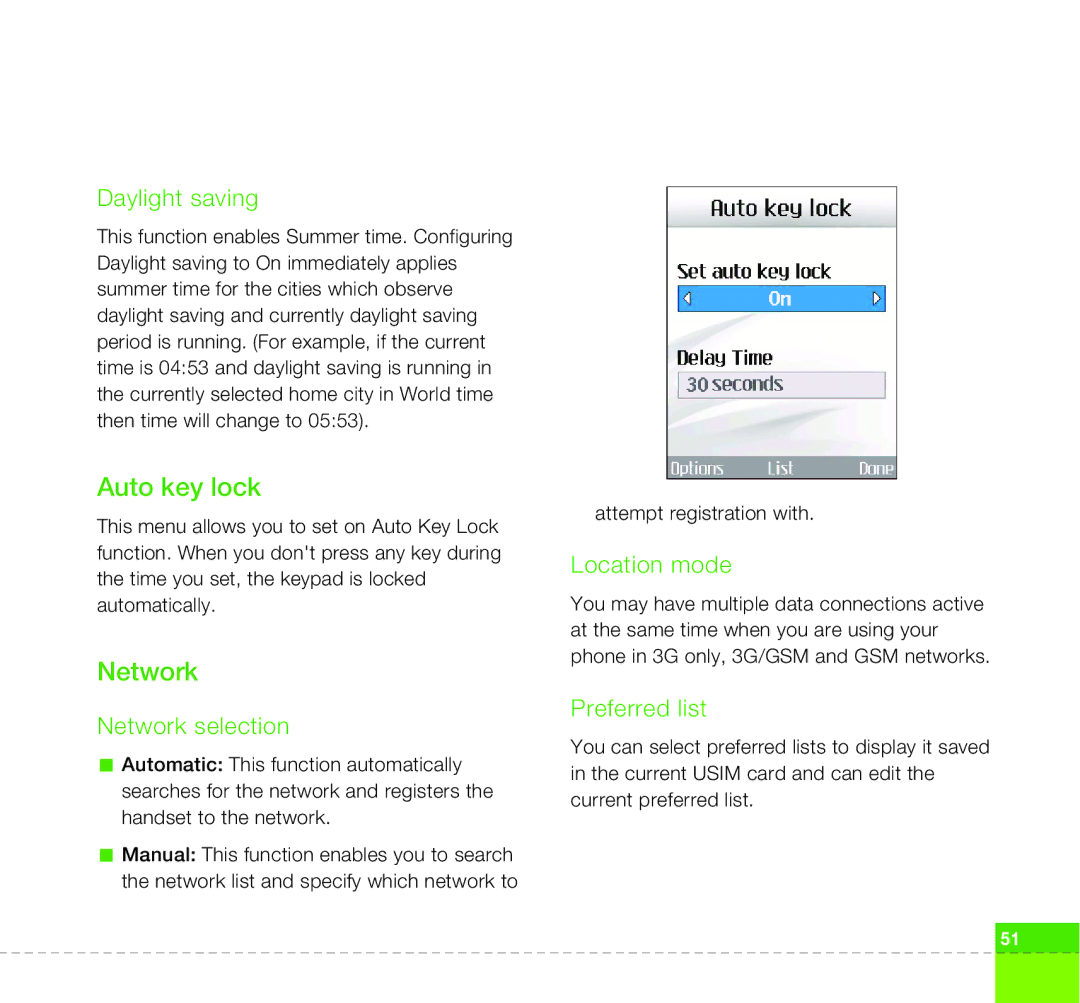 LG Electronics U400 manual Auto key lock, Network 