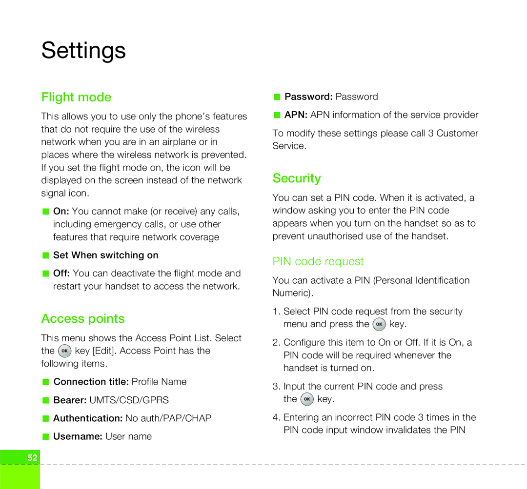 LG Electronics U400 manual Flight mode, Access points, Security, PIN code request 