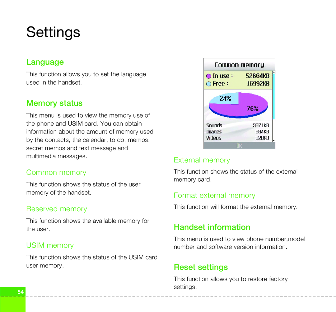 LG Electronics U400 manual Language, Memory status, Handset information, Reset settings 