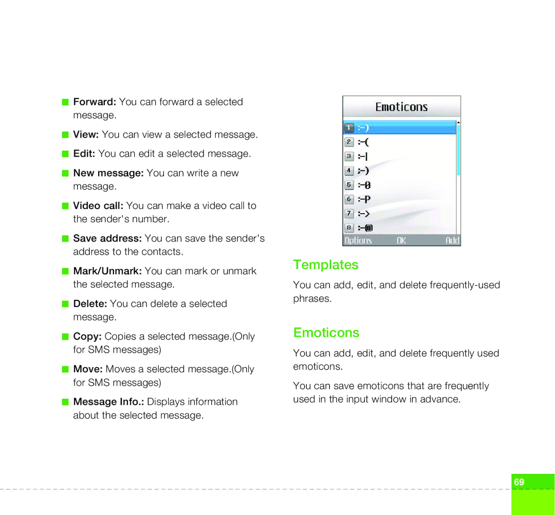 LG Electronics U400 manual Templates, Emoticons 