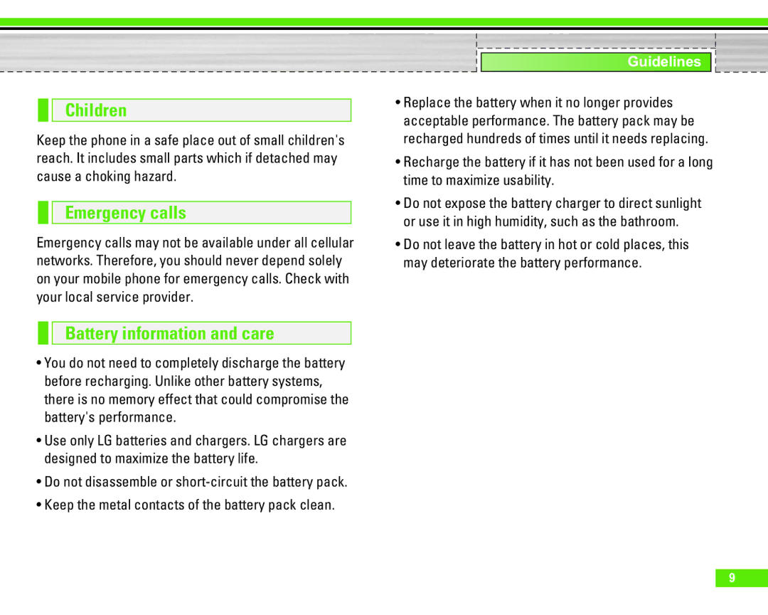 LG Electronics U8290 manual Children, Emergency calls, Battery information and care 