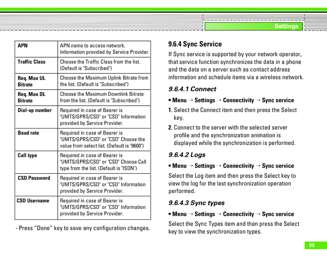 LG Electronics U8290 manual Sync Service, Menu Settings Connectivity Sync service, Logs, Sync types 