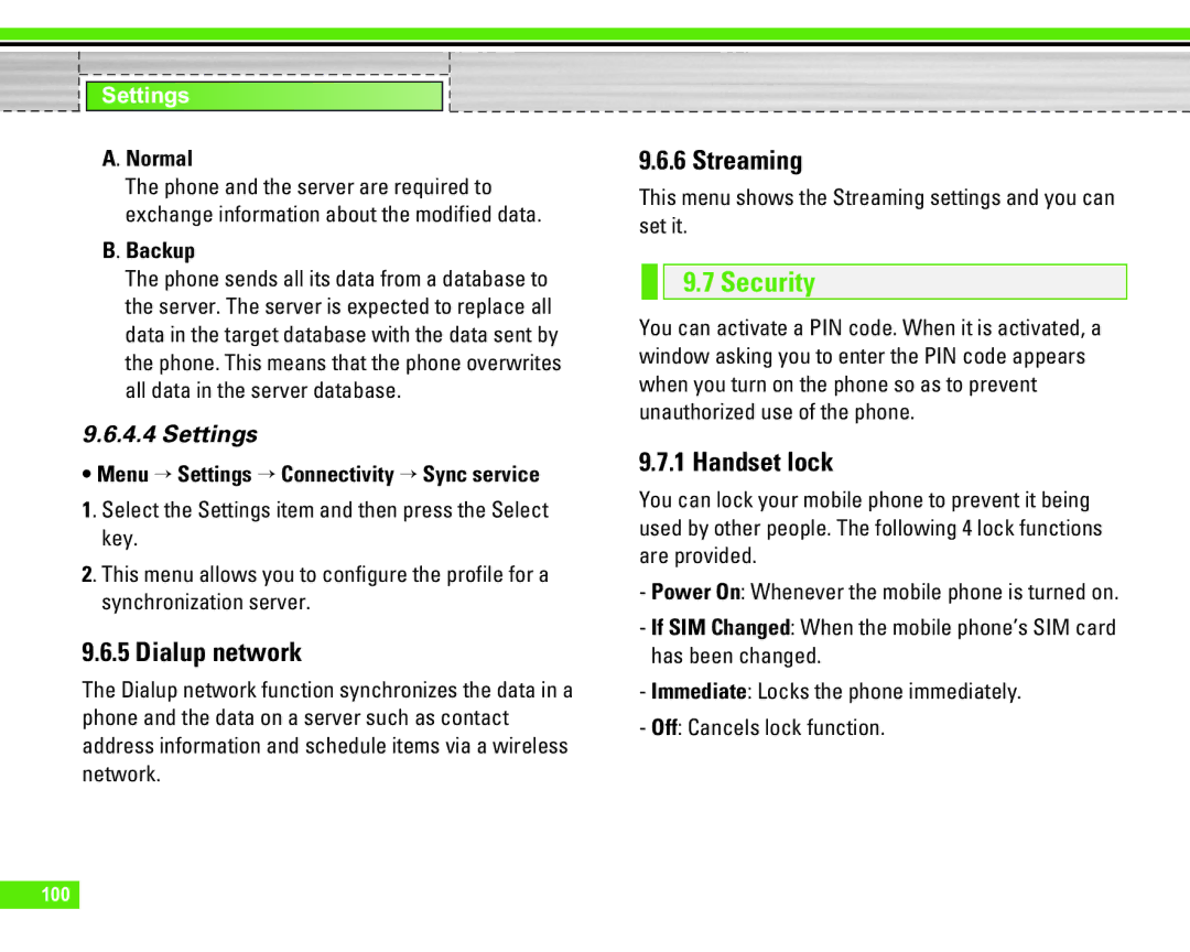 LG Electronics U8290 manual Dialup network, Streaming, Security, Handset lock, Settings 