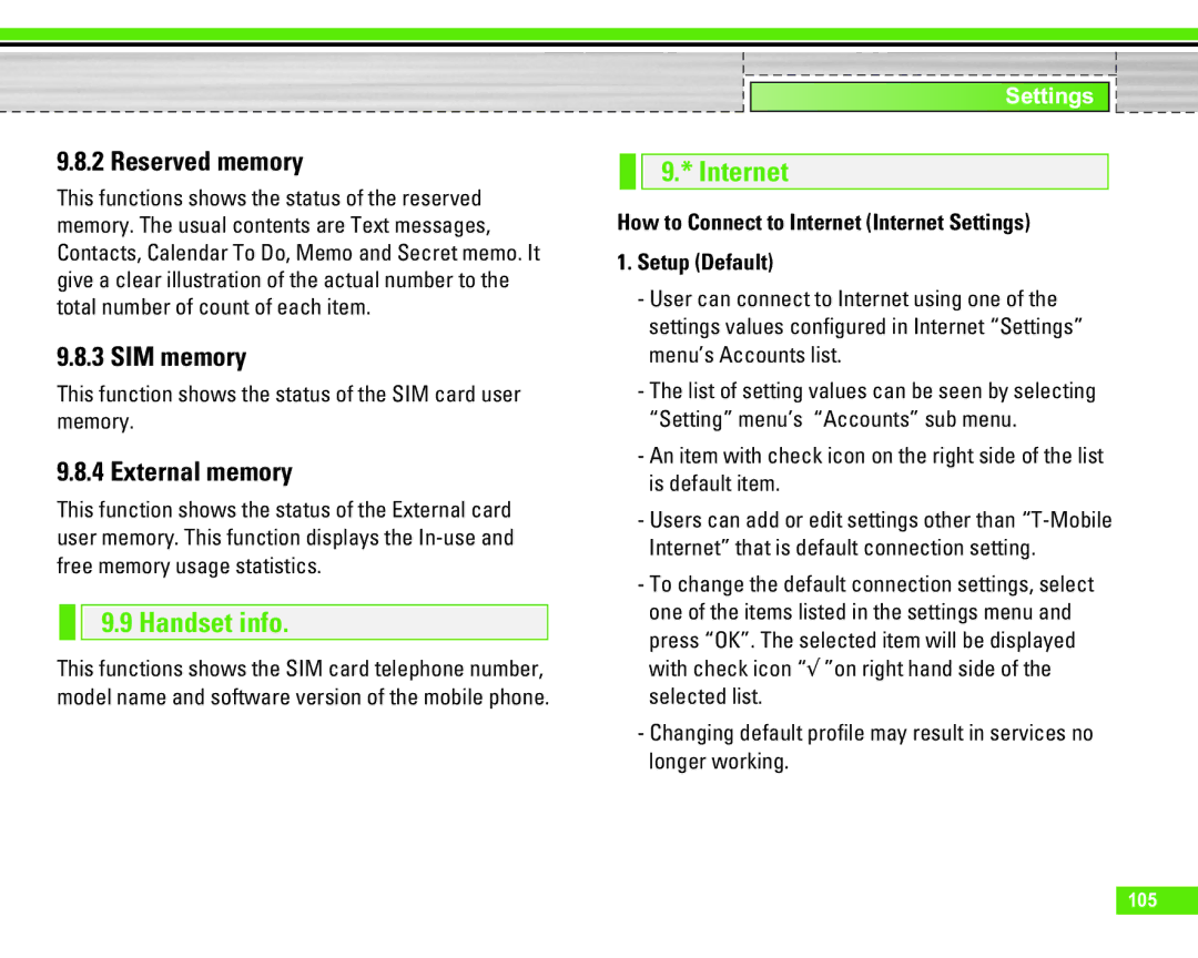 LG Electronics U8290 manual Reserved memory, SIM memory, Handset info, Internet 