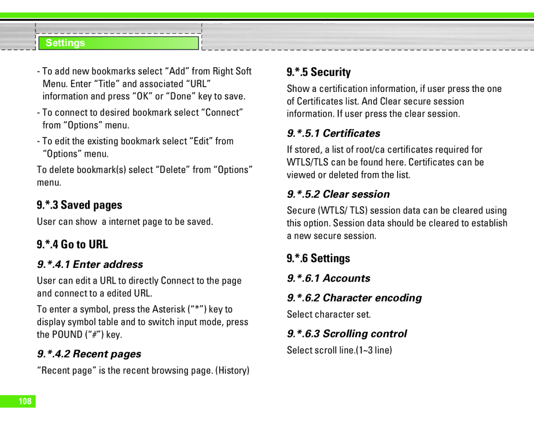 LG Electronics U8290 manual Saved pages, Go to URL, Security, Settings 