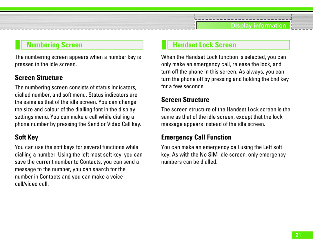 LG Electronics U8290 manual Numbering Screen, Soft Key, Handset Lock Screen 