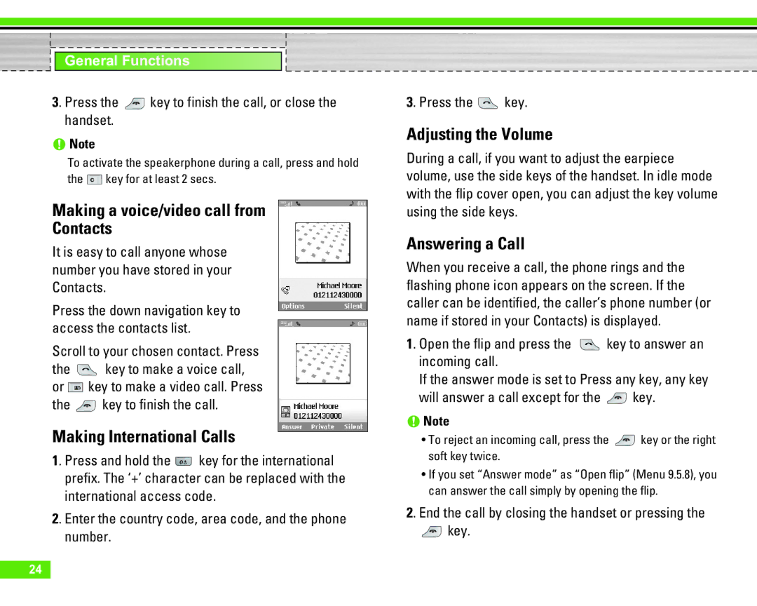 LG Electronics U8290 manual Making a voice/video call from Contacts, Making International Calls, Adjusting the Volume 