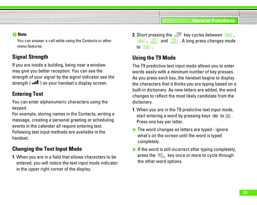 LG Electronics U8290 manual Signal Strength, Entering Text, Changing the Text Input Mode, Using the T9 Mode 