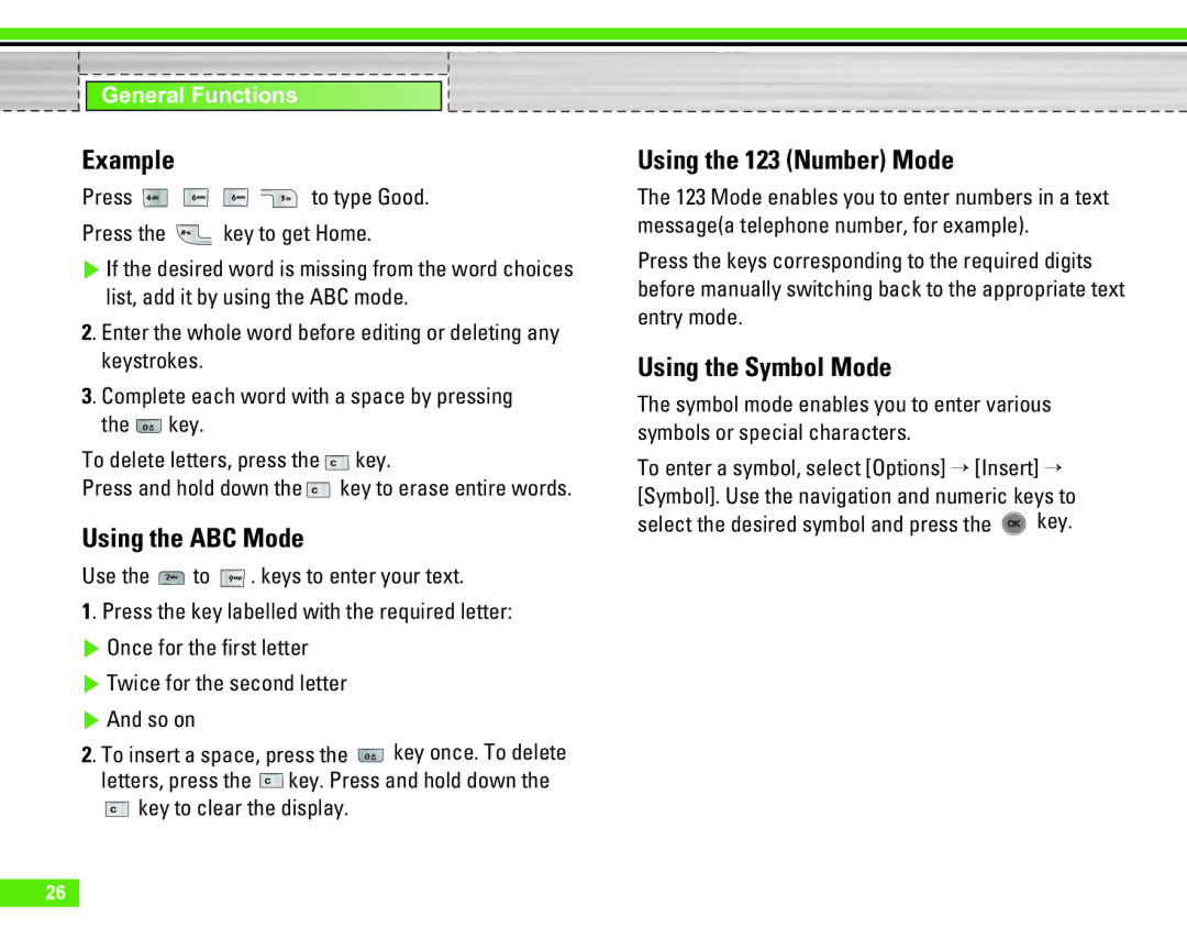 LG Electronics U8290 manual Example, Using the ABC Mode, Using the 123 Number Mode, Using the Symbol Mode 