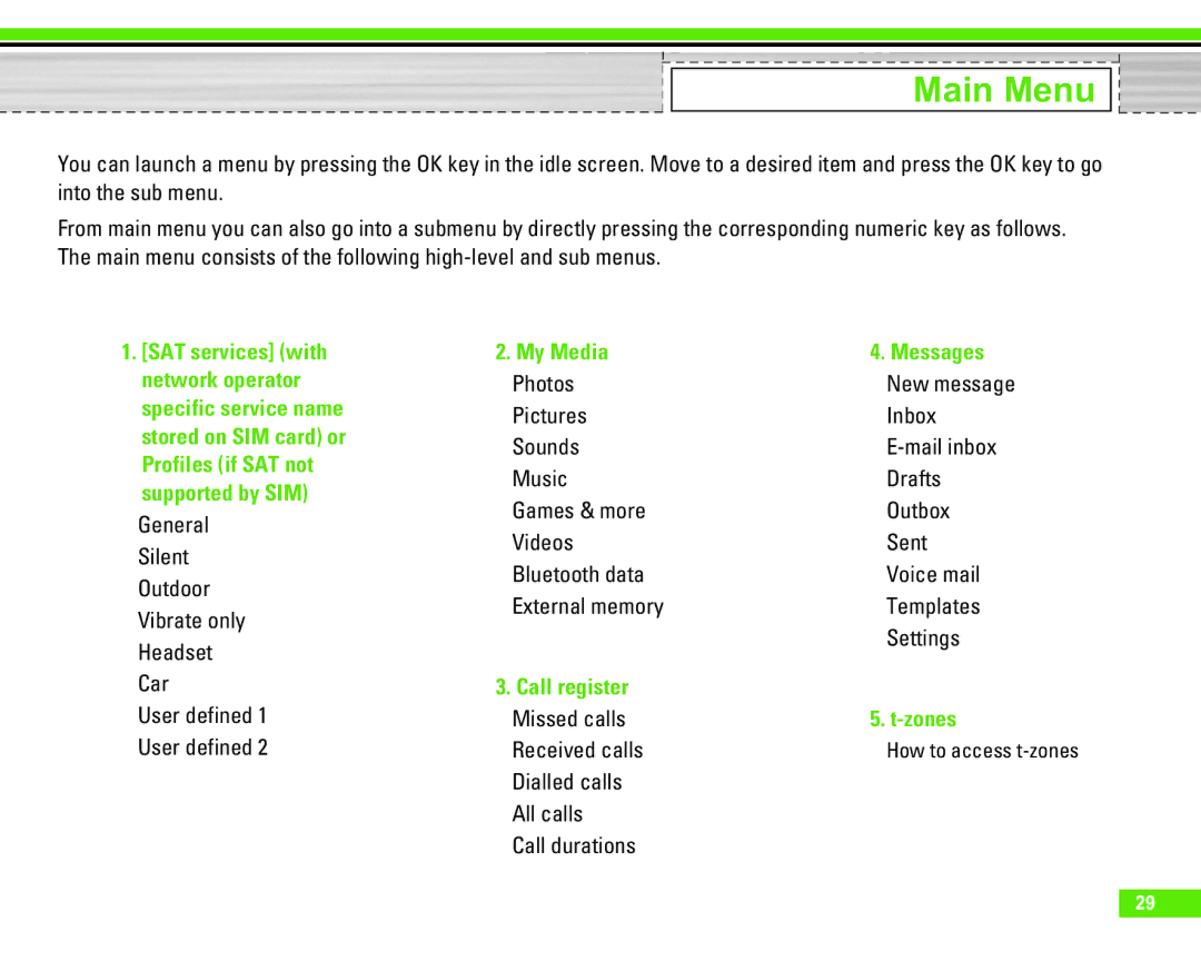 LG Electronics U8290 manual Main Menu, Missed calls, Received calls, Dialled calls All calls Call durations 