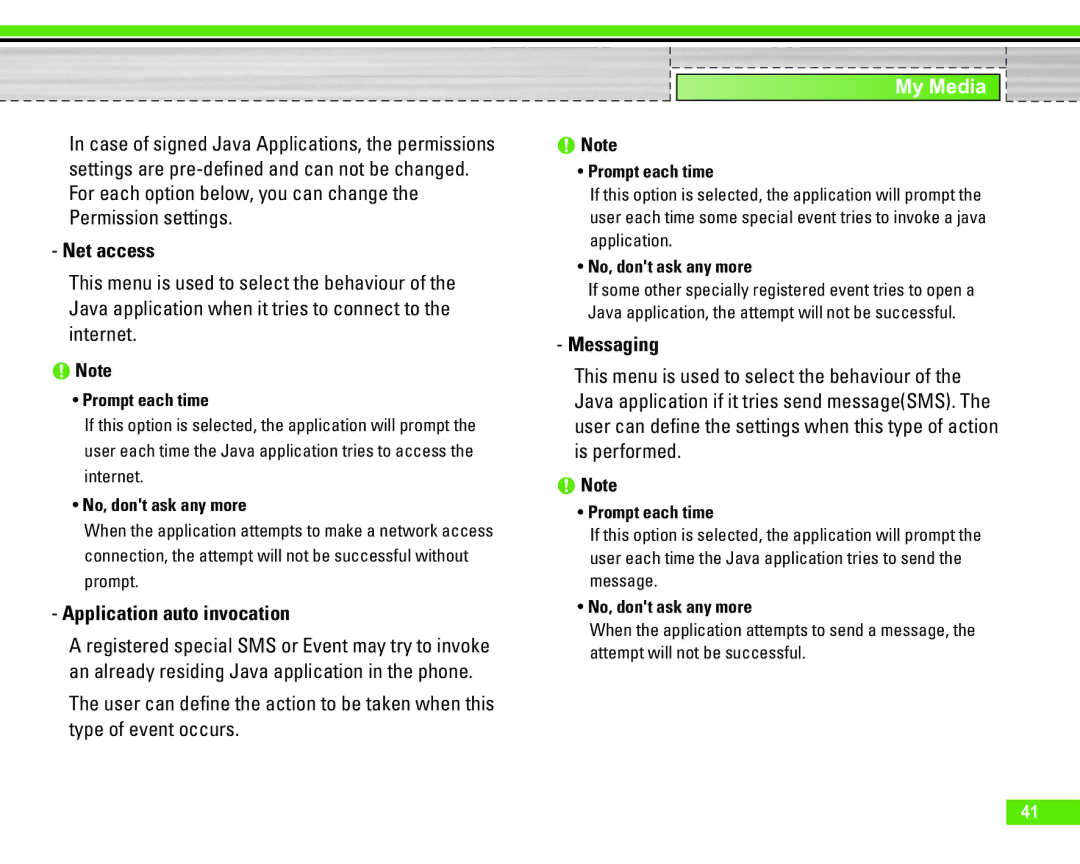 LG Electronics U8290 manual Net access, Application auto invocation, Messaging 